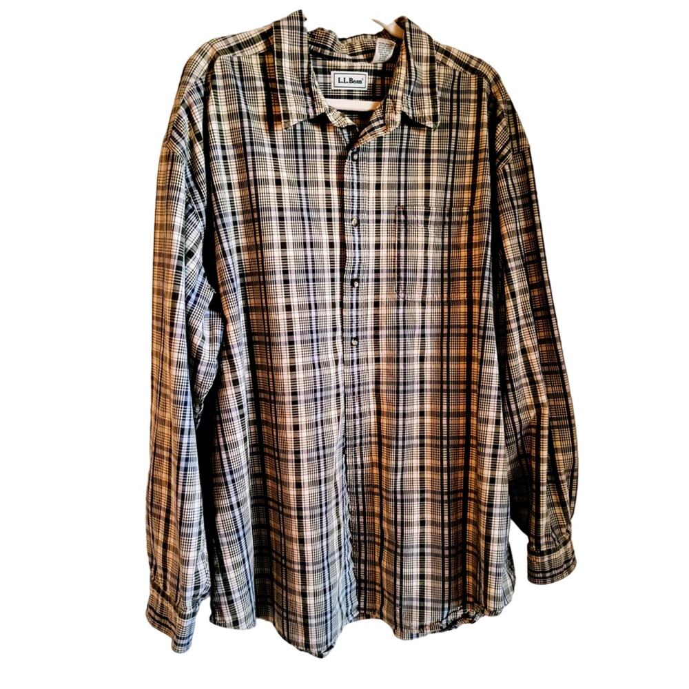 LL Bean Button Down Work Shirt Men's XXL Plaid Blue Green Long Sleeve Minor Flaw